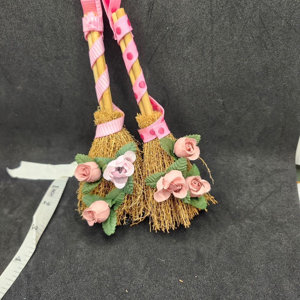 Hand Crafted Set of 2 Decorative Mini Brooms with Pink Roses
